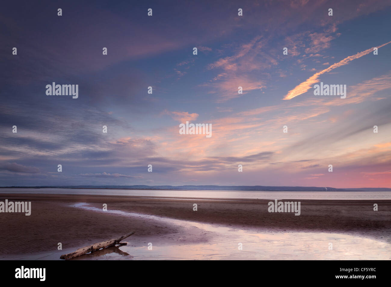 Burnham-On-Sea beach by the Bristol Channel at sunset. Stock Photo
