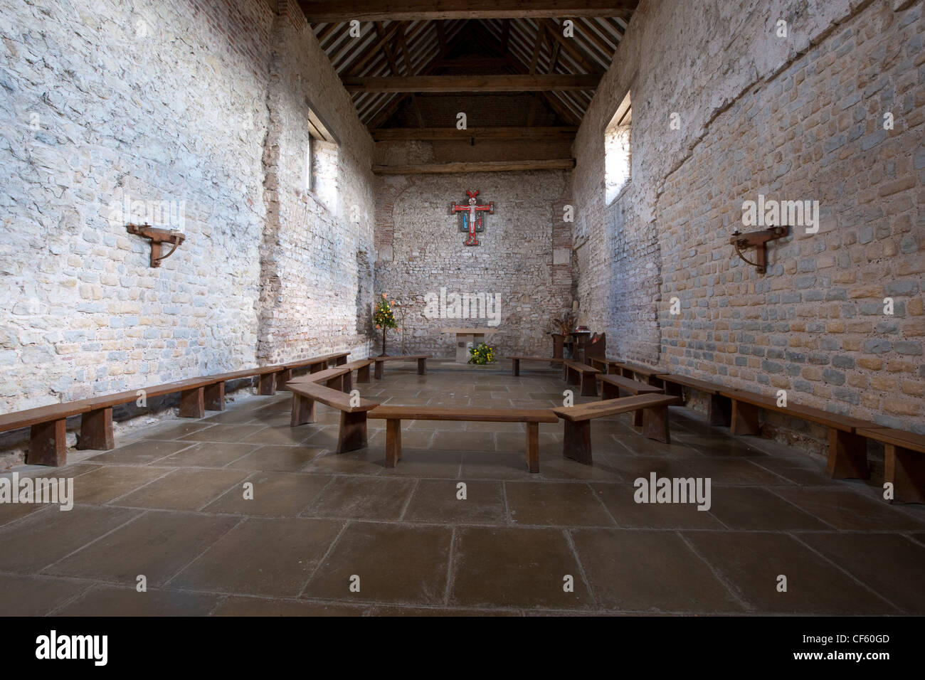 Interior of the Chapel of St Peter-on-the-Wall. It is the oldest church in the UK dating back to 654AD. Stock Photo