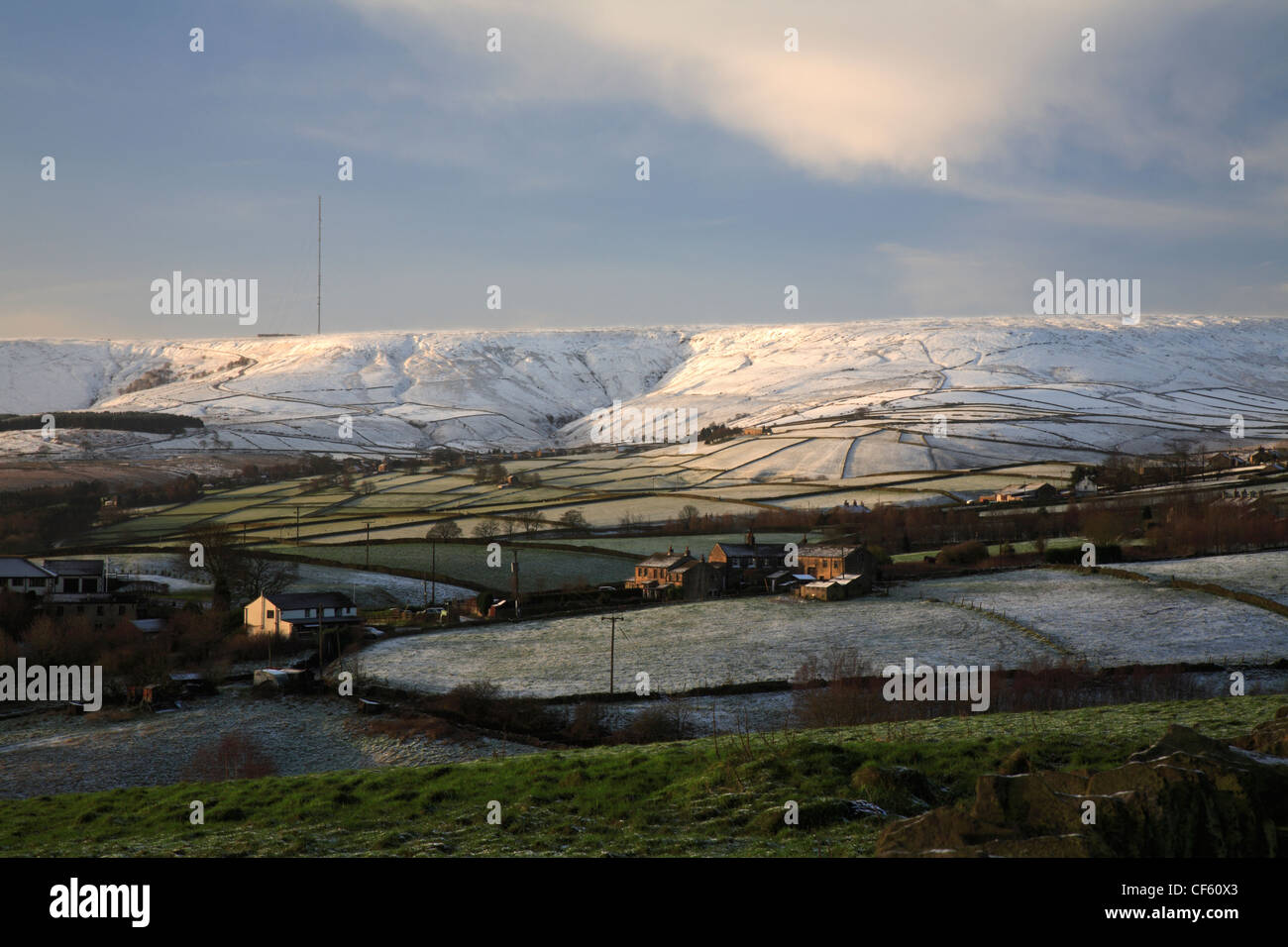 A winter view to Holmfirth. The town is known to many people for being the setting of the BBC's Last of the Summer Wine. Stock Photo