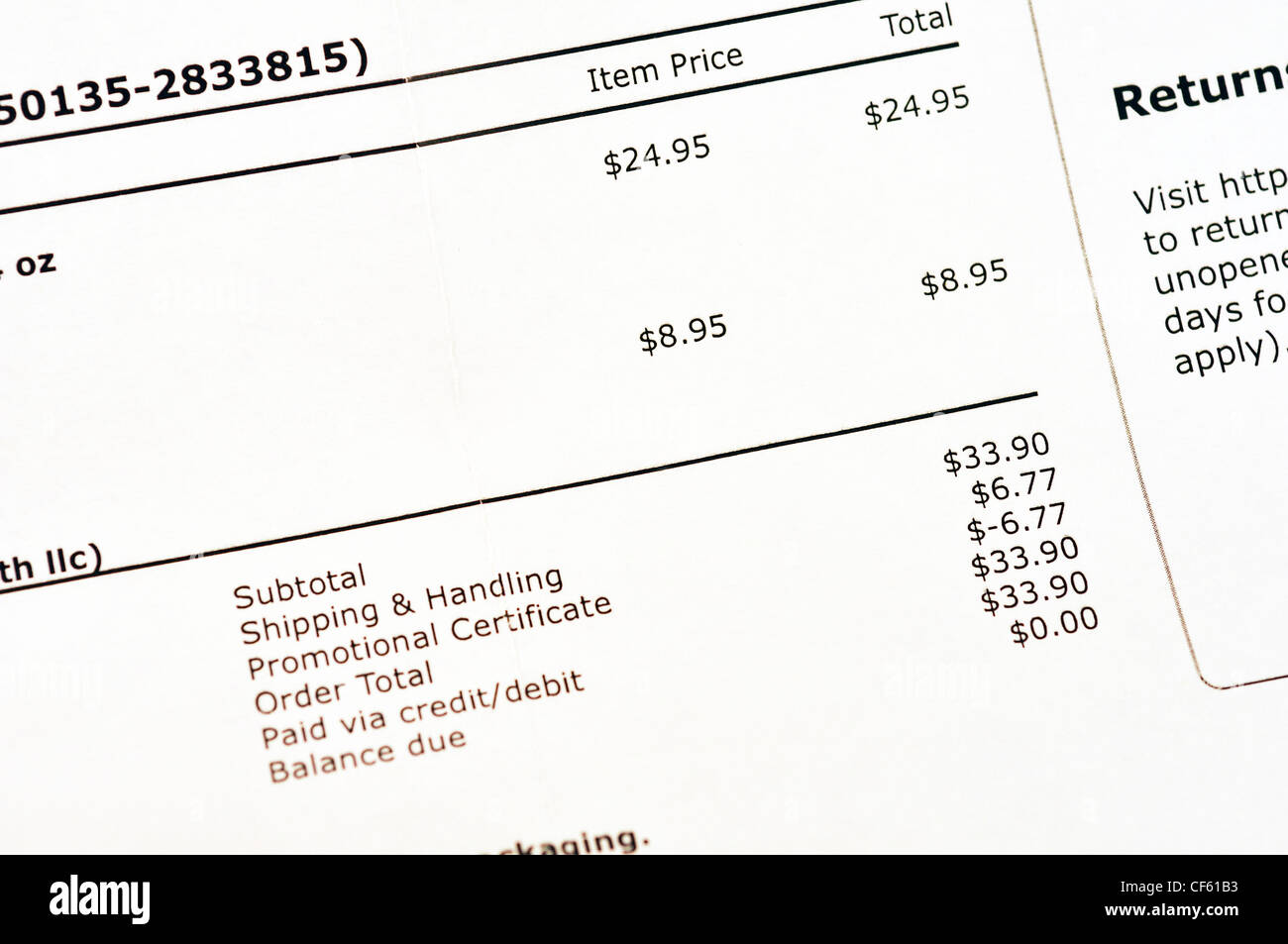 Invoice In US Dollars Stock Photo Alamy