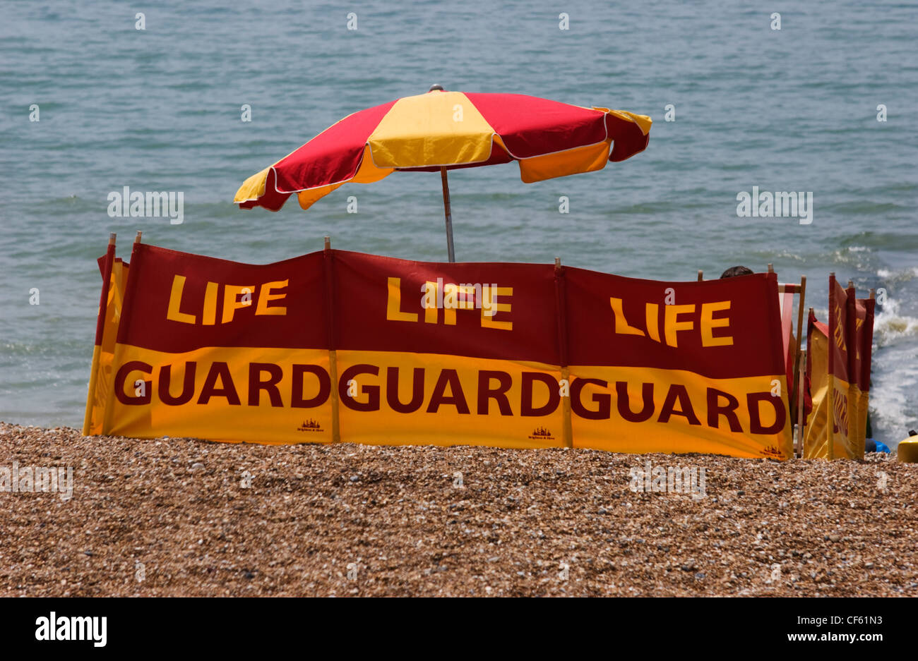 Lifeguard Post A lifeguard post on the beach at Brighton on a hot summer day Stock ...