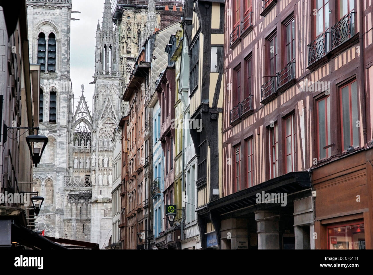 FRANCE Normandy Rouen, Cathedral and medieval street Stock Photo