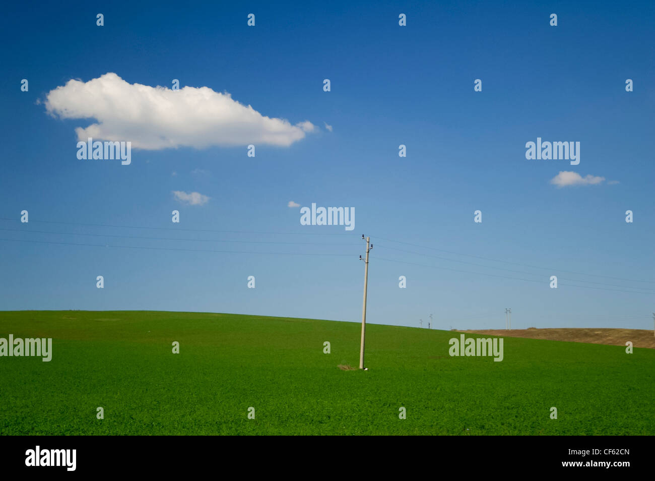 Power lines on a clear day with green fields and blue sky with white ...
