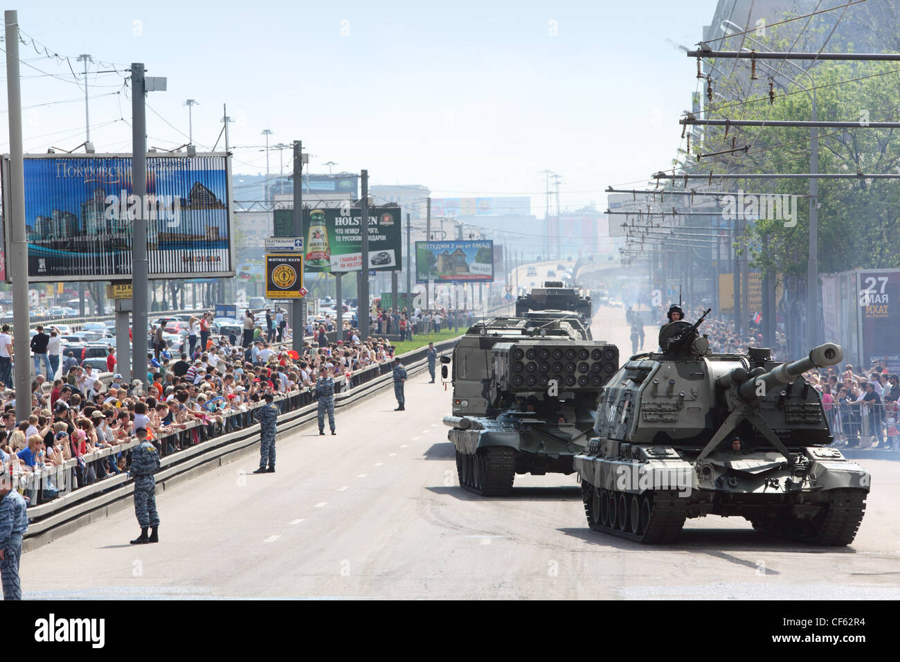 MOSCOW MAY 9 People looks weaponry tank road parade honor Great Patriotic War victory May 9 2010 Moscow Russia 160 military Stock Photo