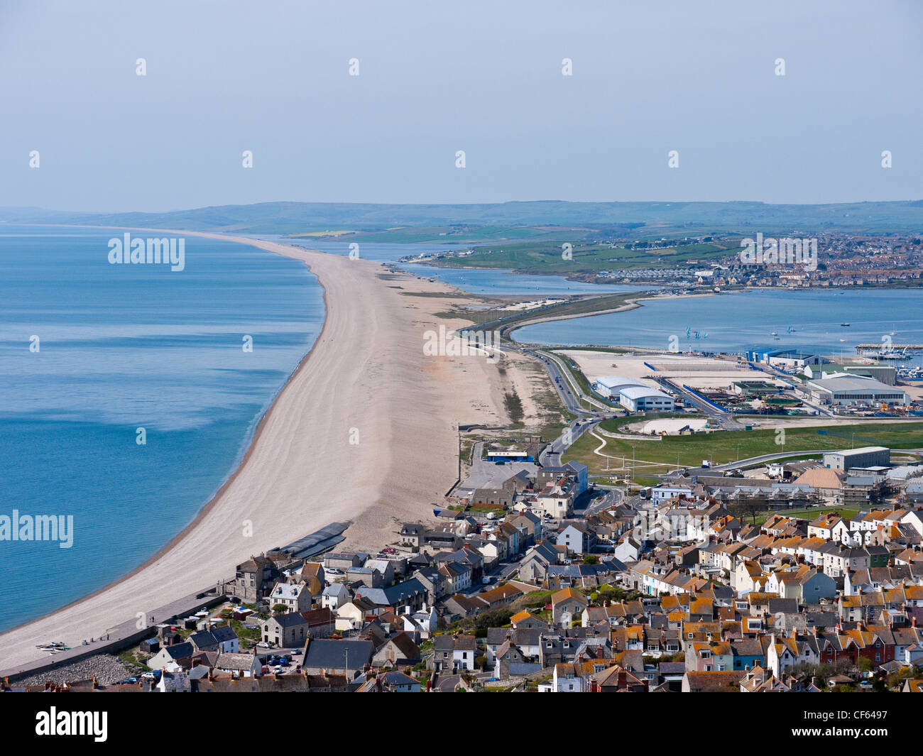 Chesil Beach and the Fleet Lagoon viewed from Fortuneswell on the Isle
