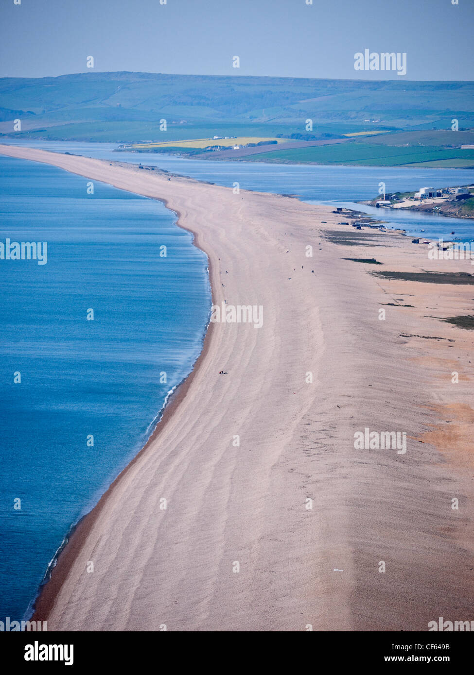 Aerial image of Chesil Beach Chesil Bank, 29 km long shingle beach, a  tombolo connecting mainland to the Isle of Portland, Jurassic Coast, UNESCO  Worl - SuperStock