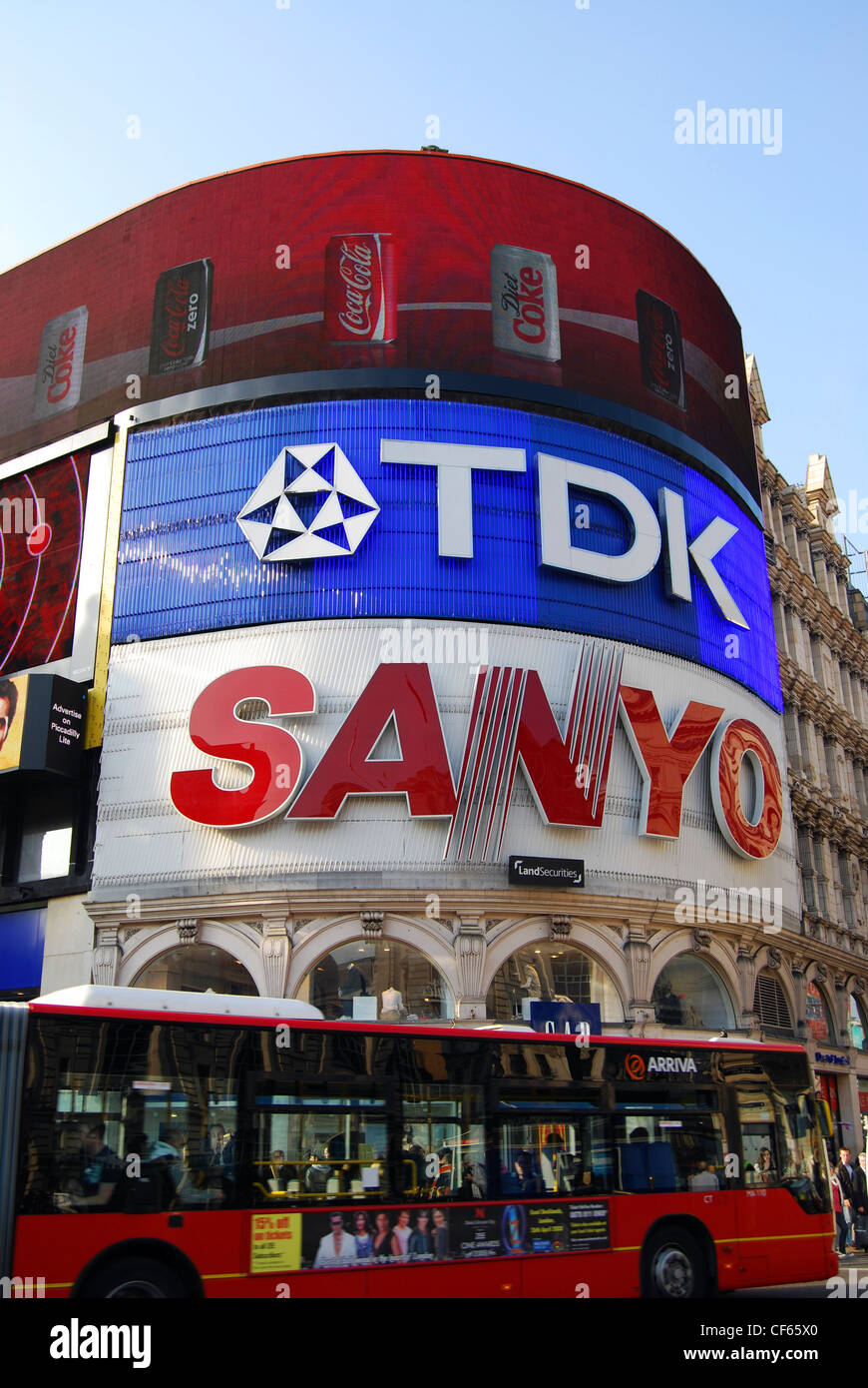 A view up toward the hoardings in Piccadilly Circus. Stock Photo