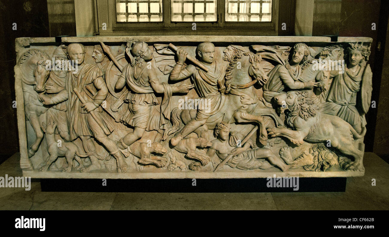 Sarcophagus with a lion hunt 3 Century AD Roman Rome Stock Photo