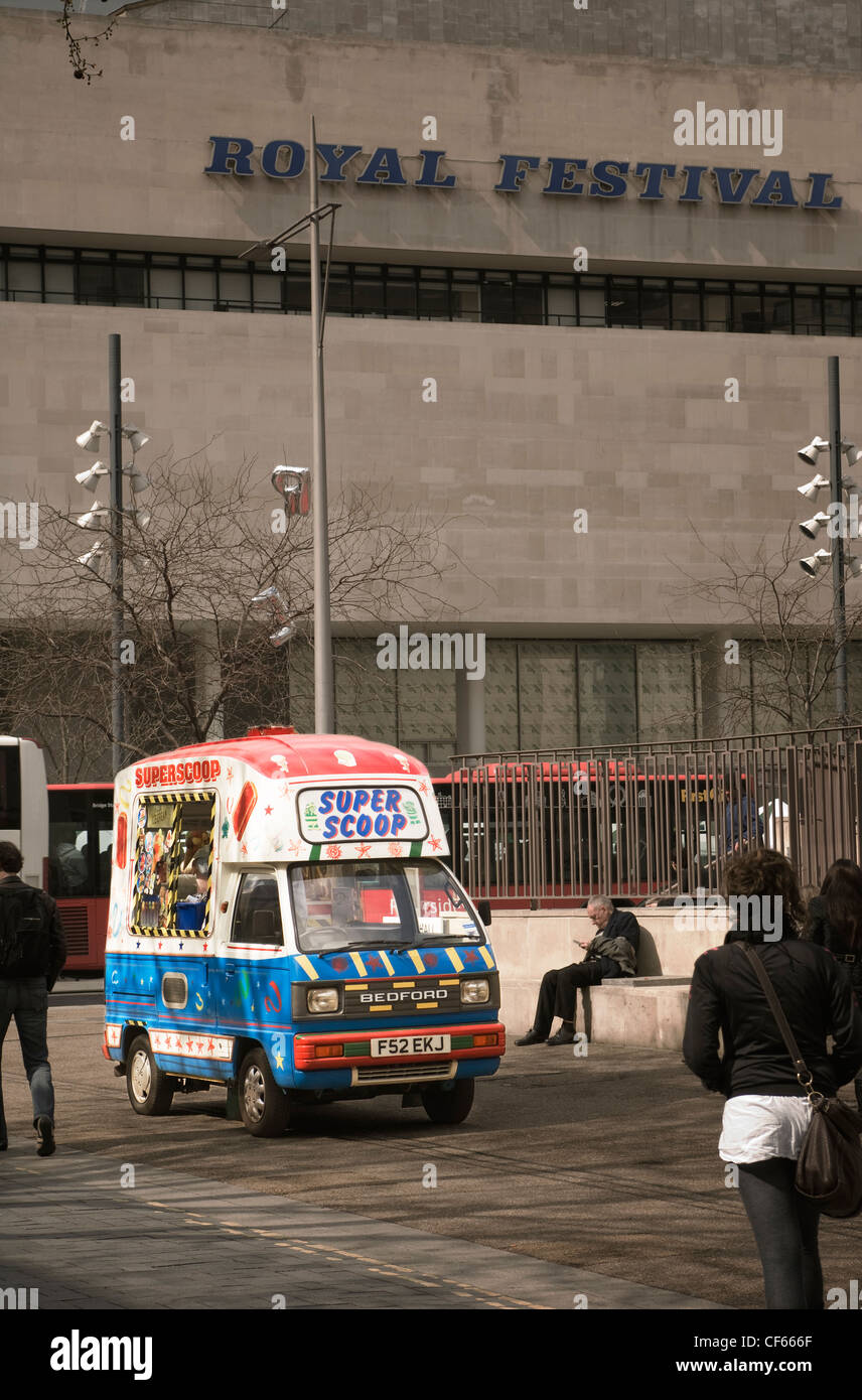 A small ice cream van outside the Royal Festival Hall on the South Bank. Stock Photo