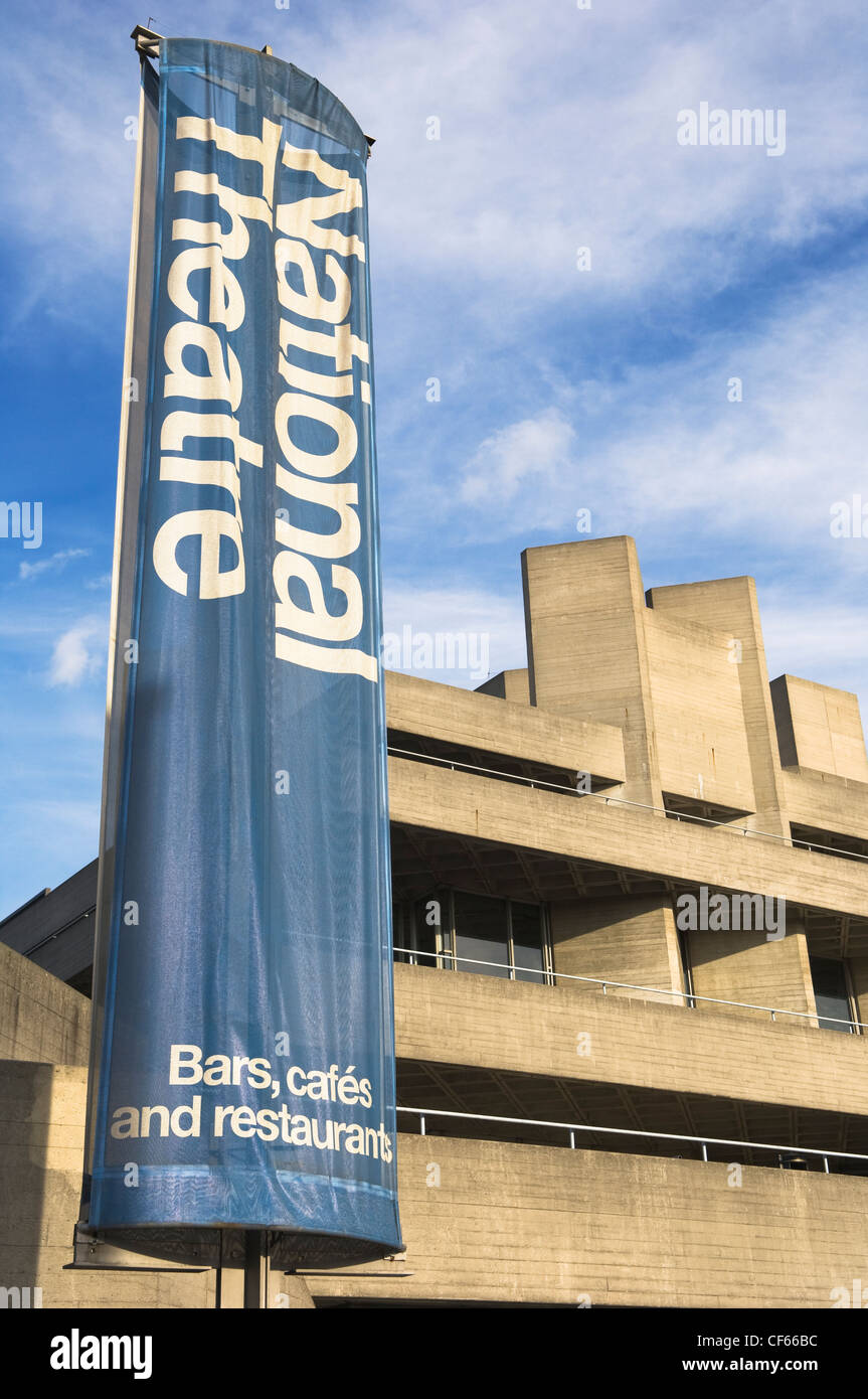 A large banner hanging outside the National Theatre on the South Bank. Stock Photo