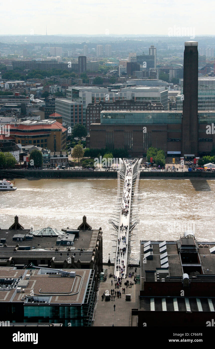 Tate Modern and the Millennium Bridge viewed from St Paul's Cathedral. Stock Photo