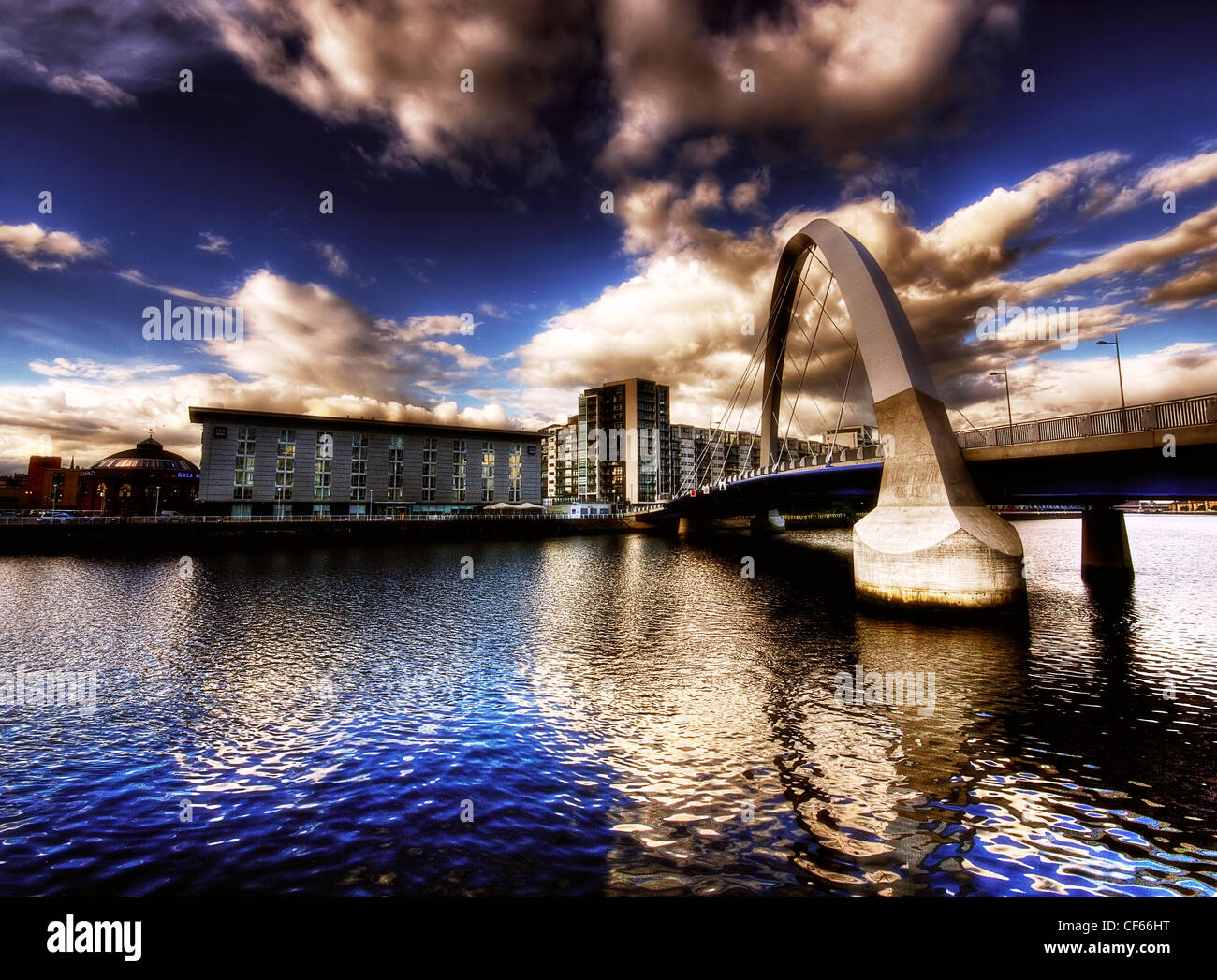 A view toward the City Inn and the Clyde Arc in Glasgow. Stock Photo