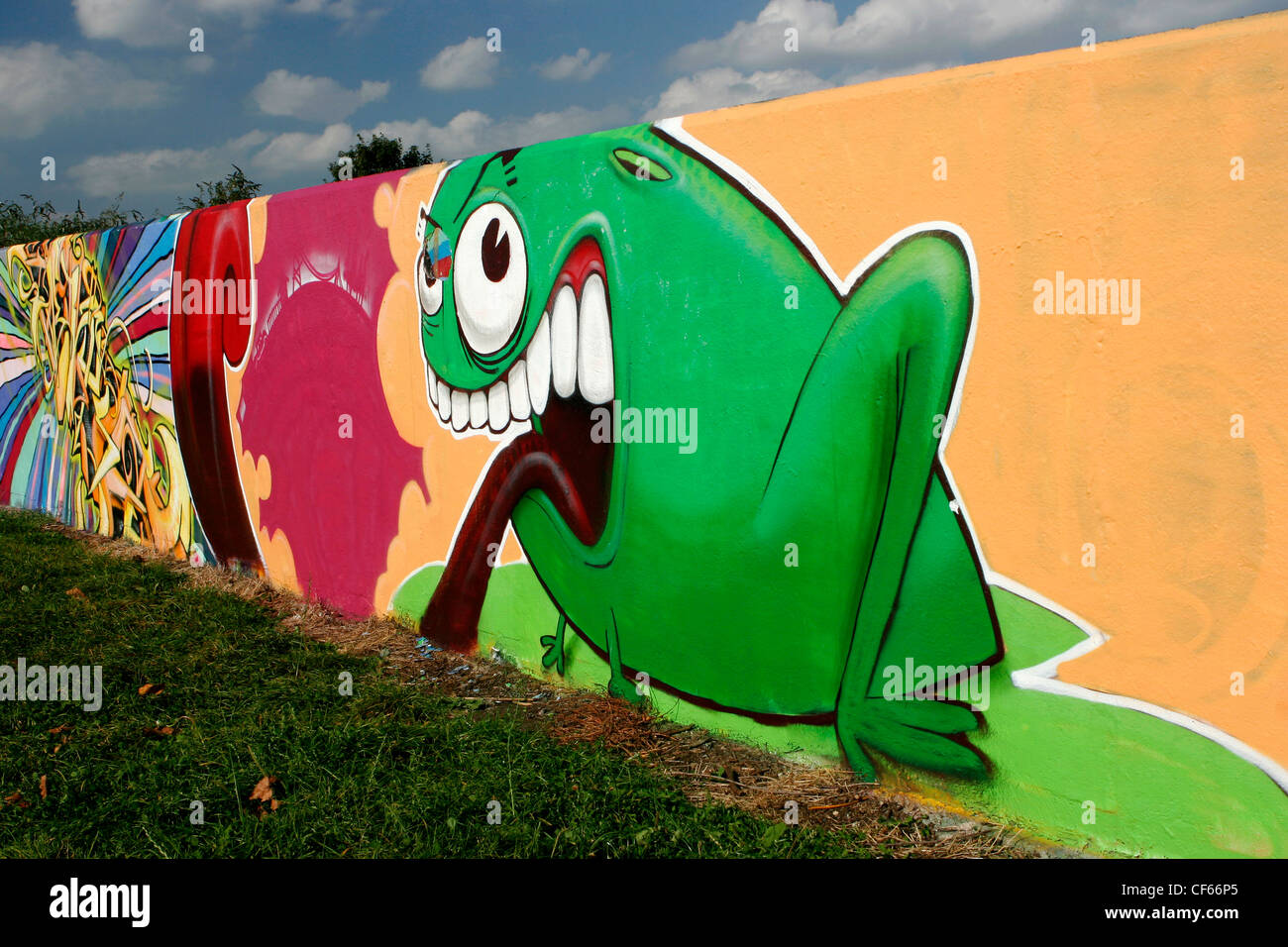 A wall with colourful graffiti in Bristol. Stock Photo