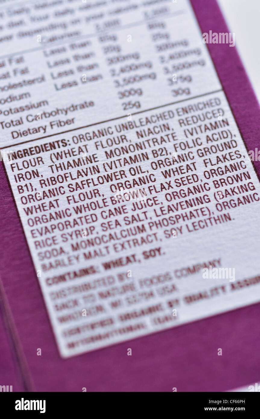 Nutrition information on food package Stock Photo
