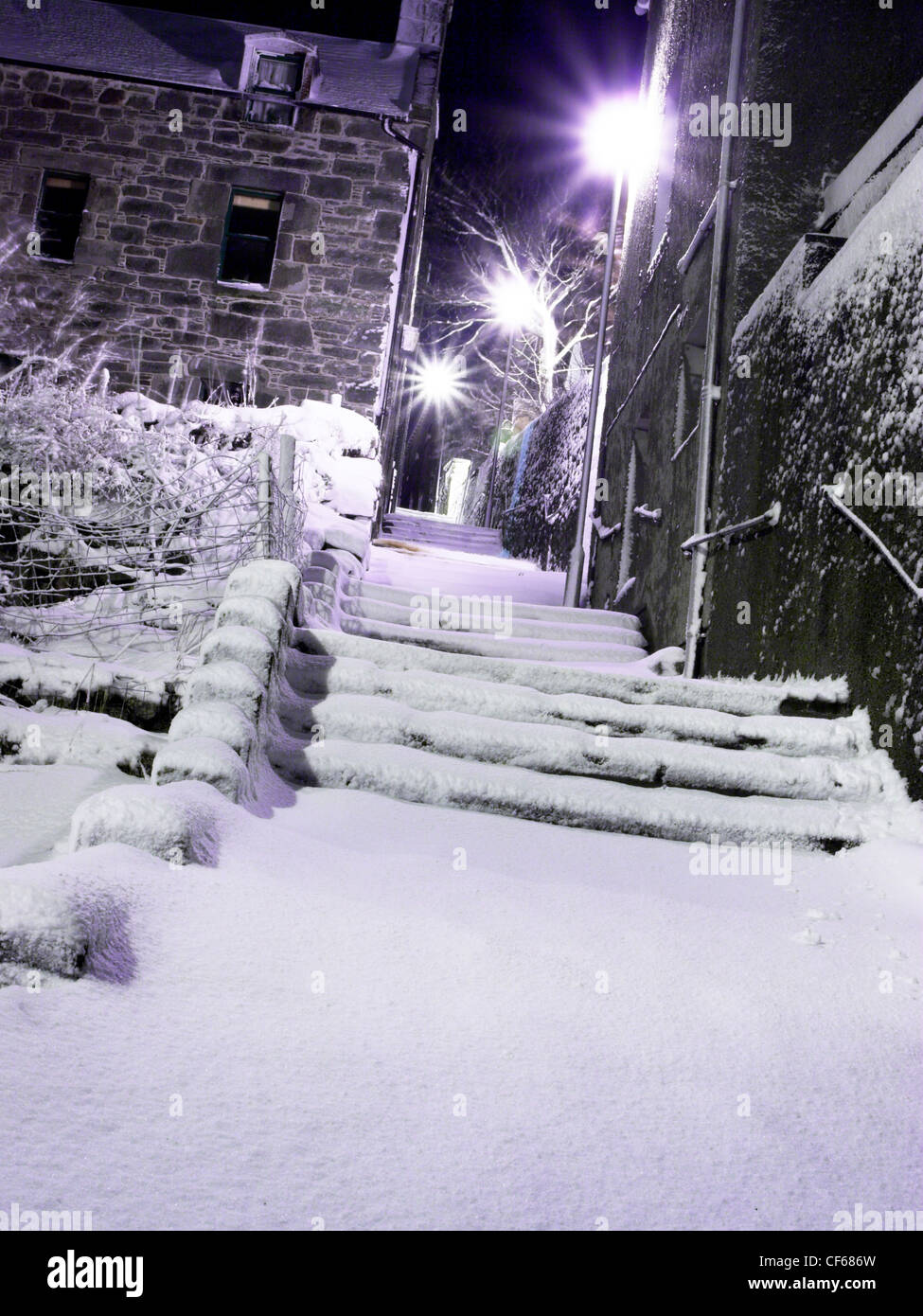 Snow at night time along Hangcliff Lane at Lerwick on Shetland. Stock Photo