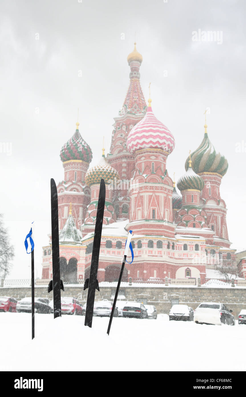 Cross-country skis and poles stuck in snow in front of St. Basil's ...