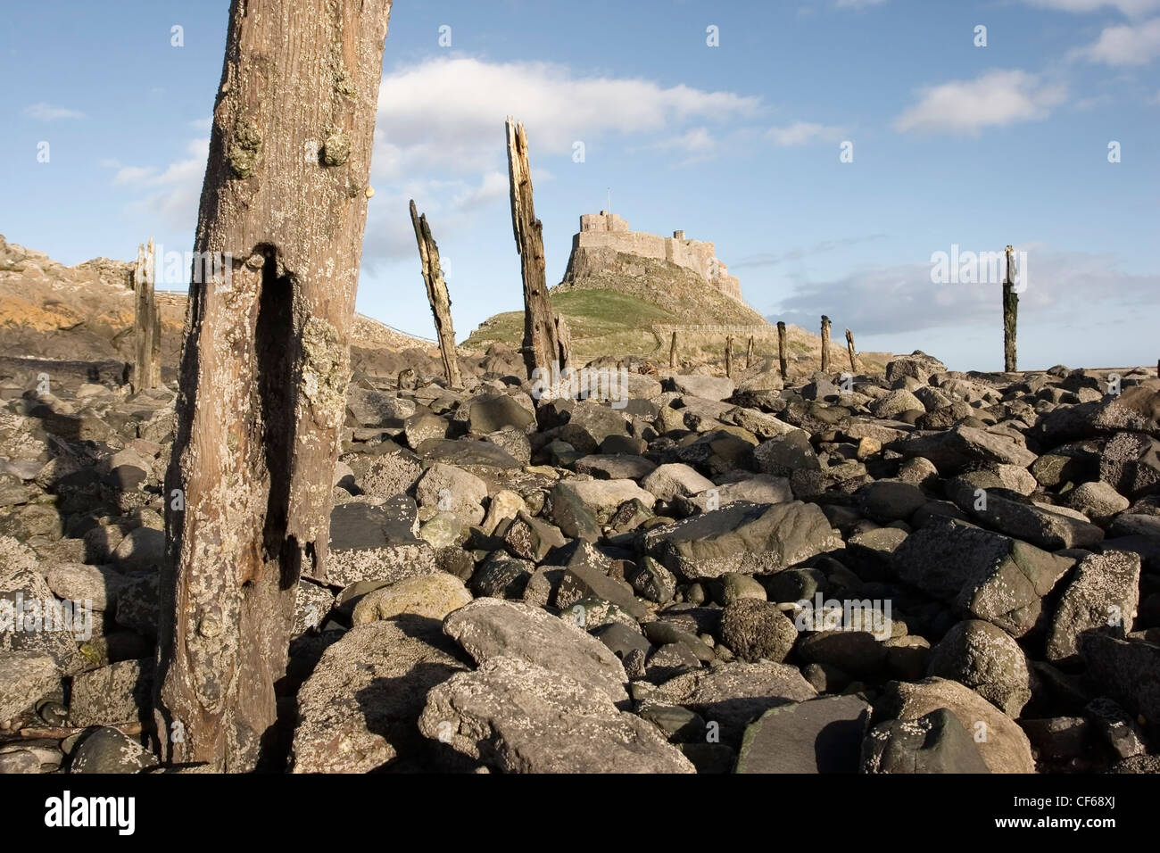 A view toward Lindisfarne Castle. Following the dissolution of the monasteries by Henry VIII, the Castle was built in the 1550's Stock Photo