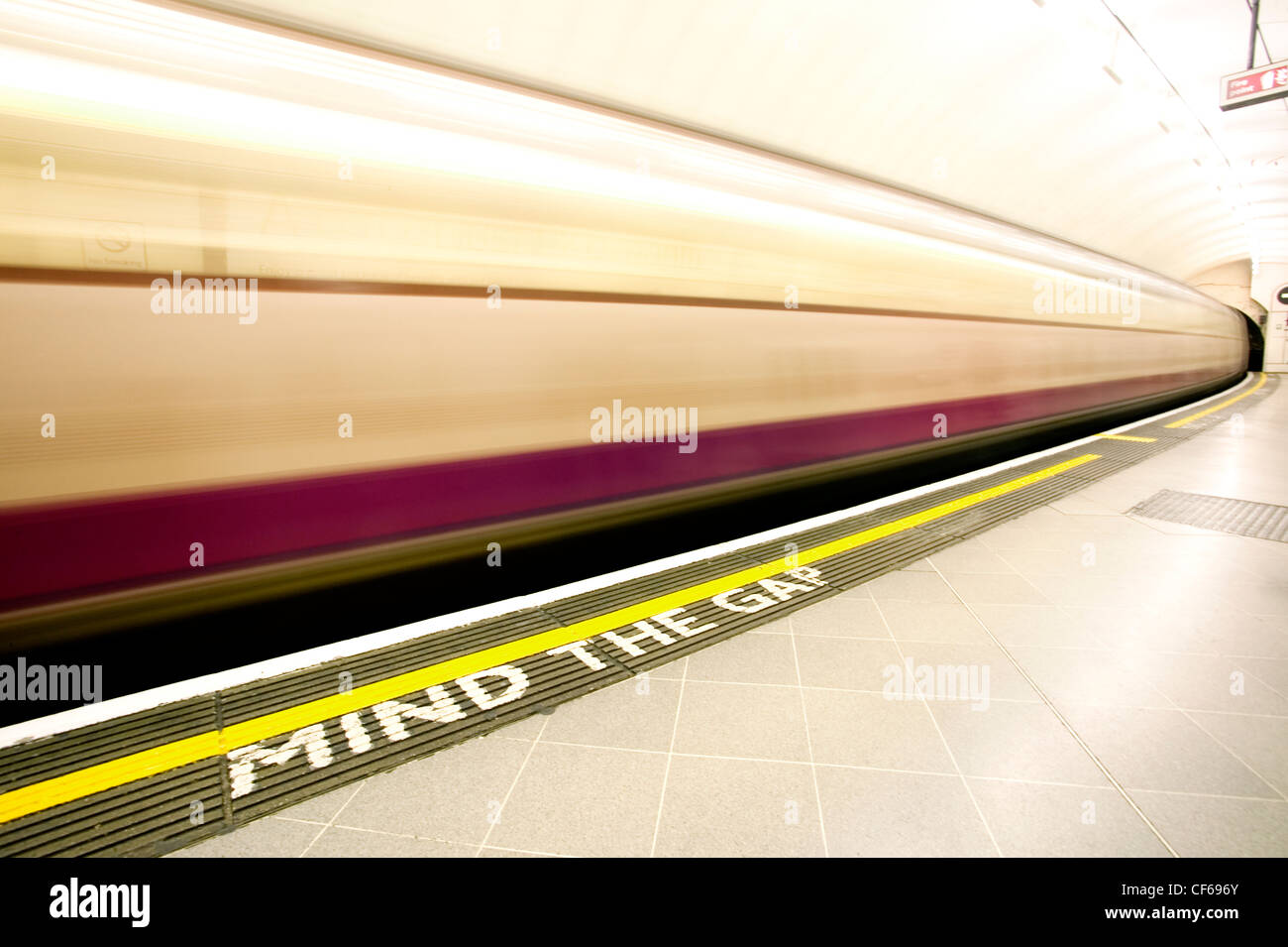 A District tube line train at Westminster station. The district line