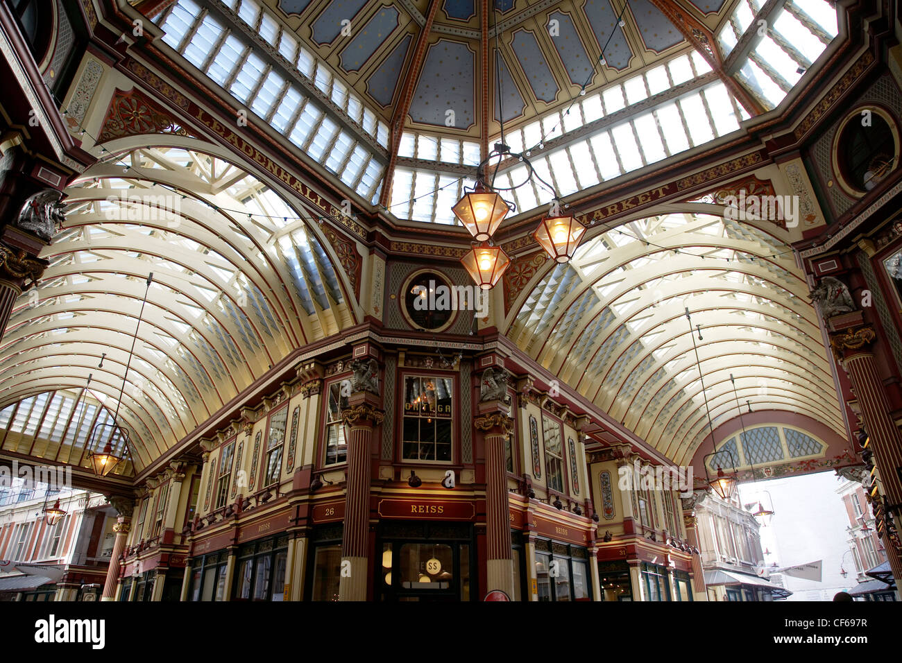 The vaulted ceiling of Leadenhall Market. The market was used to represent the area of London near The Leaky Cauldron and Diagon Stock Photo