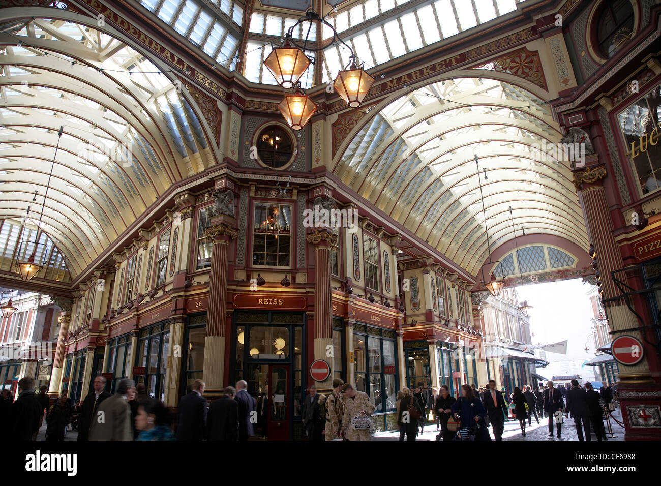The vaulted ceiling of Leadenhall Market. The market was used to represent the area of London near The Leaky Cauldron and Diagon Stock Photo
