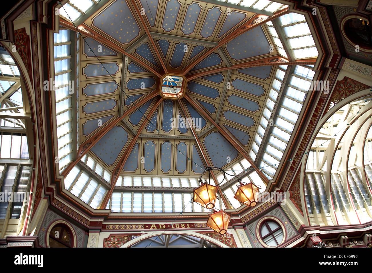 The vaulted ceiling of Leadenhall Market. The market was used to represent the area of London near The Leaky Cauldron and Diagon Stock Photo