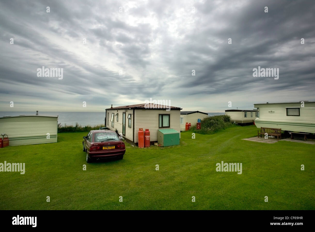 A caravan site on the North Norfolk coast. Mundesley has what is probably the smallest museum in Britain, which is in the old Co Stock Photo