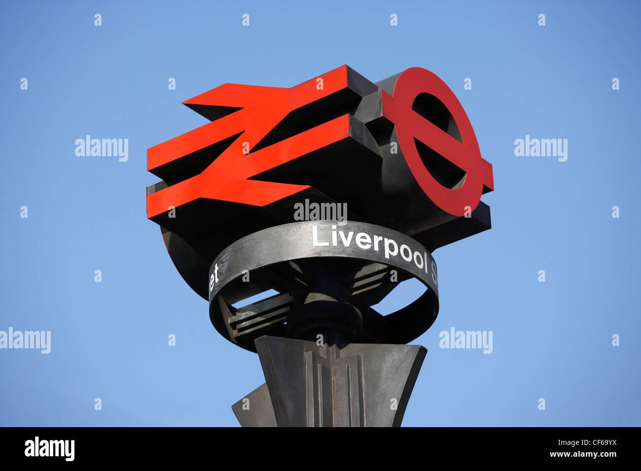 A detailed view of the Liverpool Street train station logo. Stock Photo