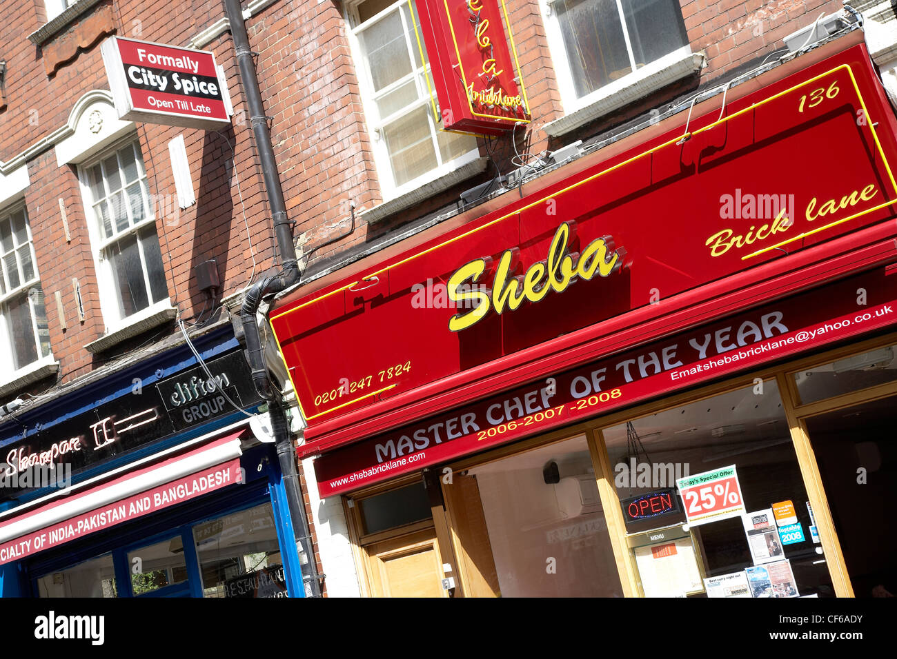 Exterior view of curry restaurants in Brick Lane. Stock Photo
