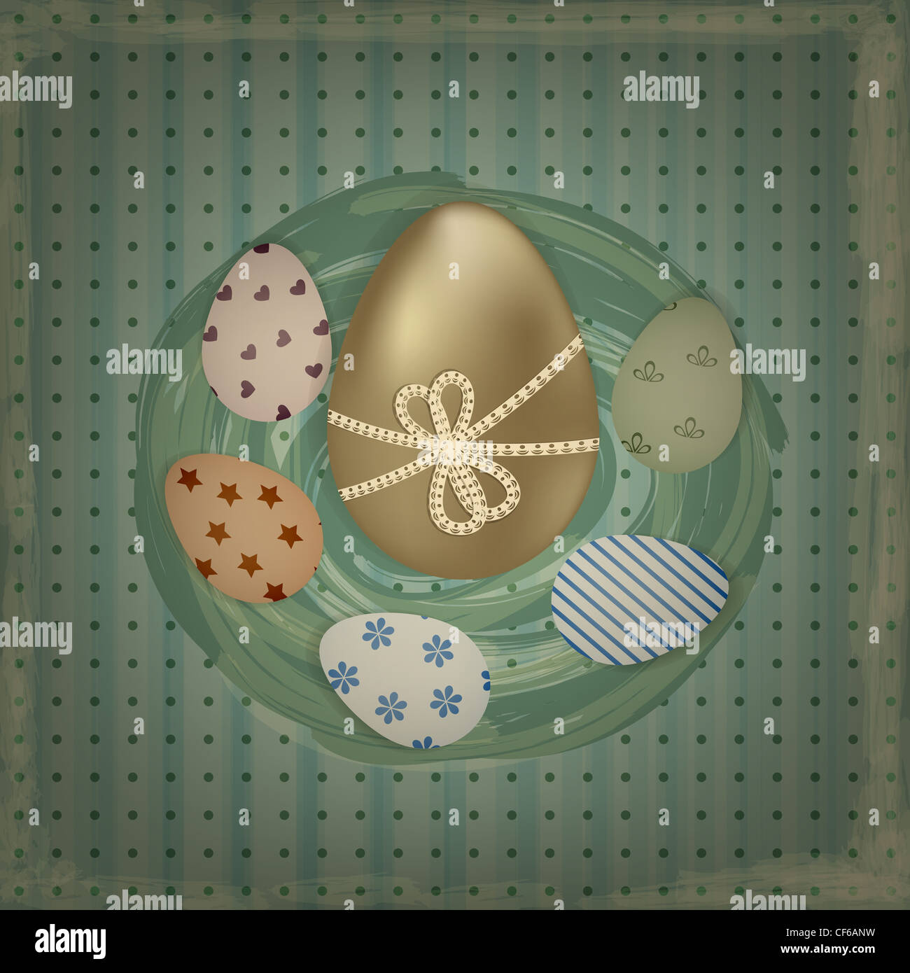 easter greeting card with golden and retro colorful eggs in the nest ...