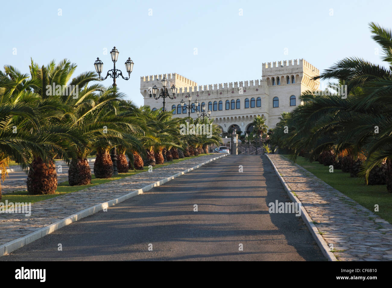 Wide road, which conducts in   palace with towers, statues and beautiful registration Stock Photo