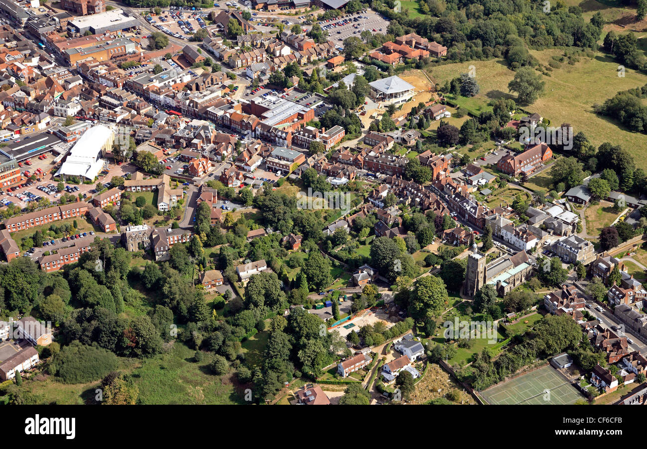 Aerial view of Sevenoaks from the south west with St Nicholas Church bottom right, Kent, UK Stock Photo