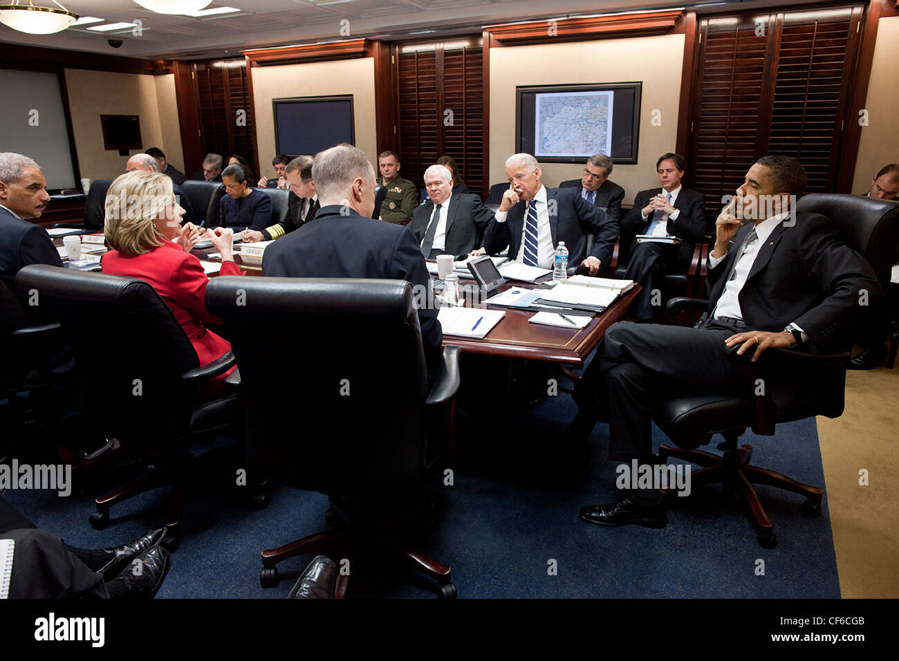 President Barack Obama and Vice President Joe Biden hold a meeting on Afghanistan and Pakistan with the national security team in the Situation Room of the White House March 3, 2011 in Washington, DC. Stock Photo
