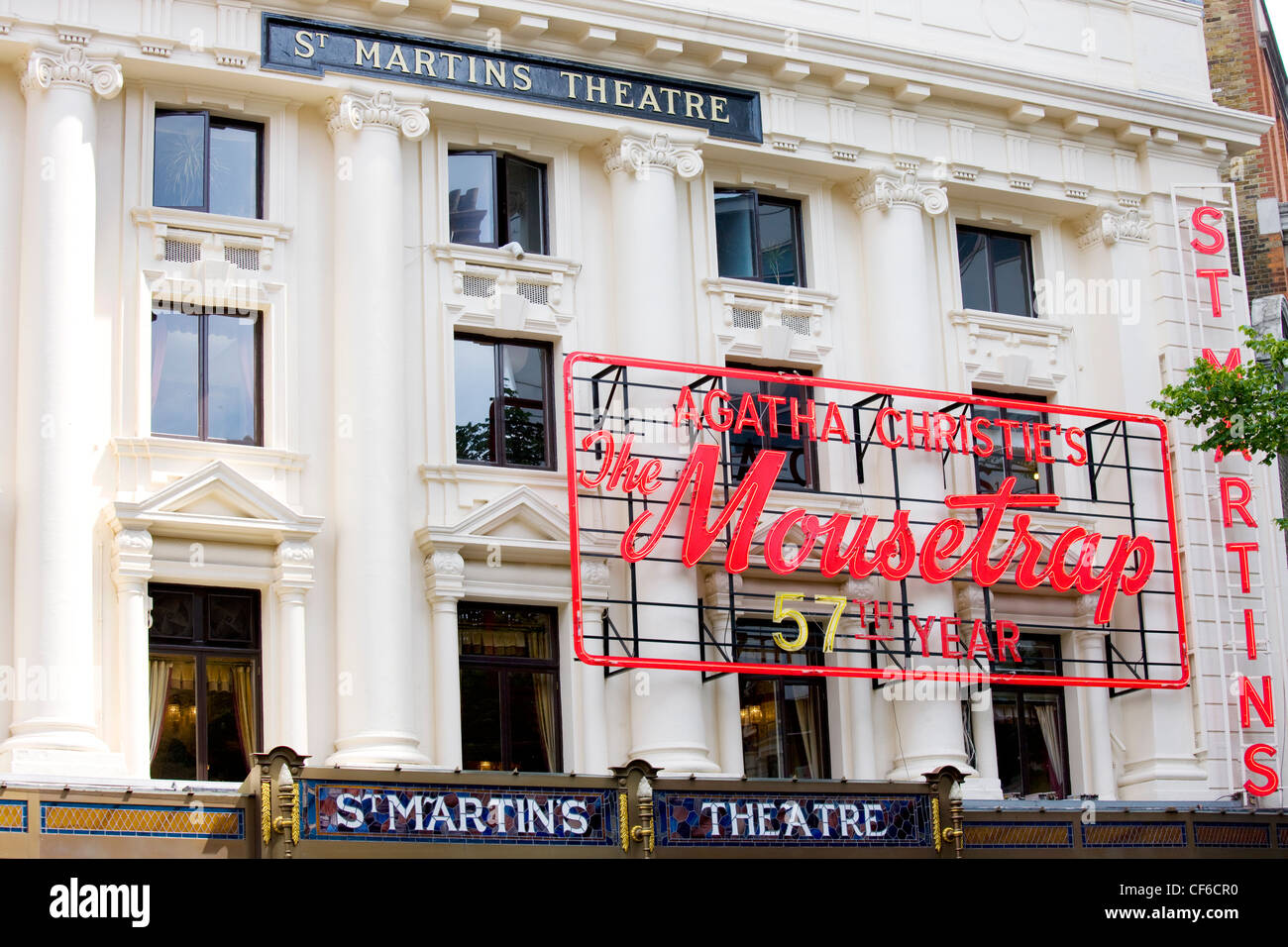 The front of St Martins Theatre bearing a sign advertising Agatha ...