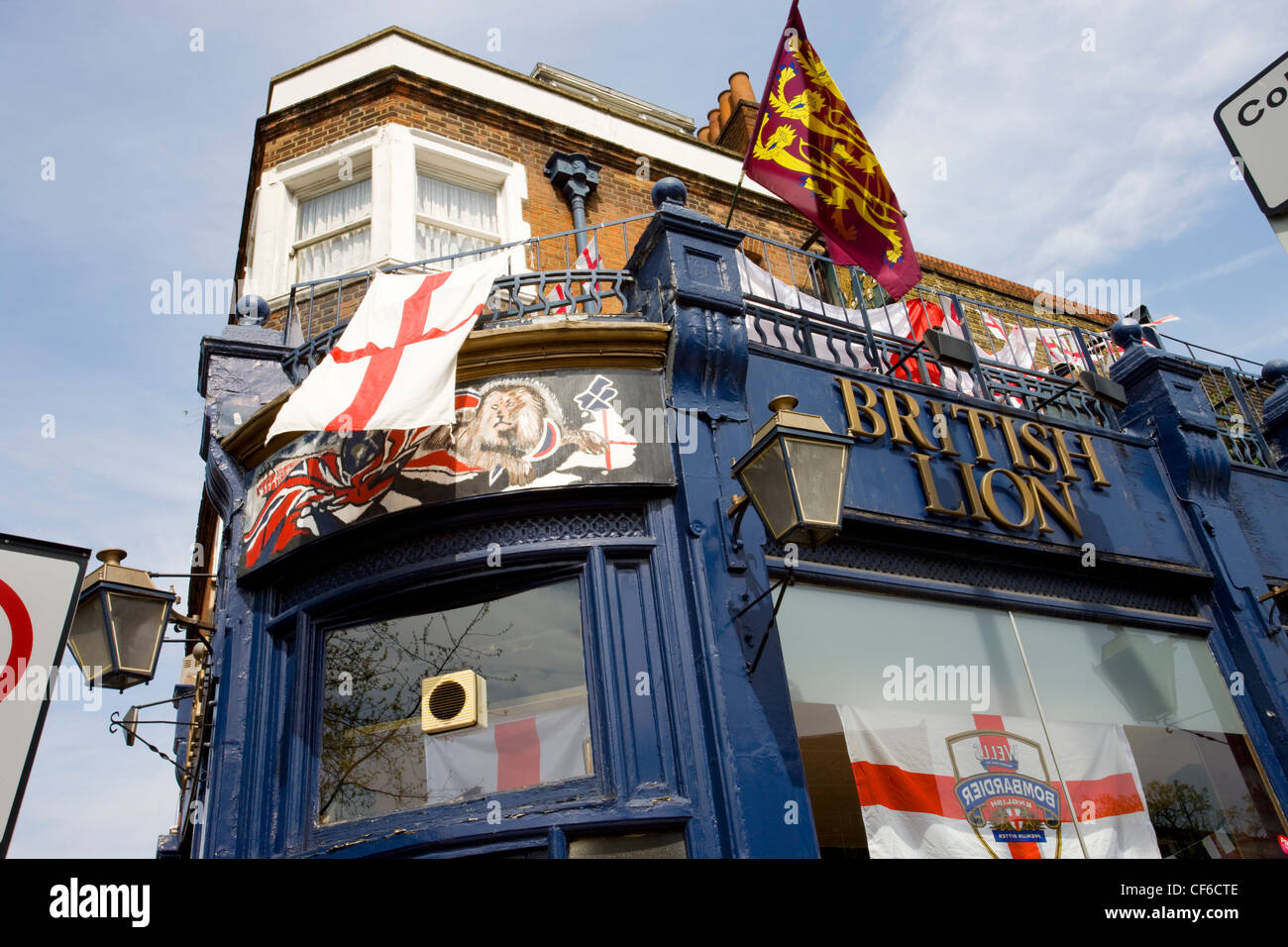 St George flags flying outside the British Lion pub on Hackney Road Stock Photo