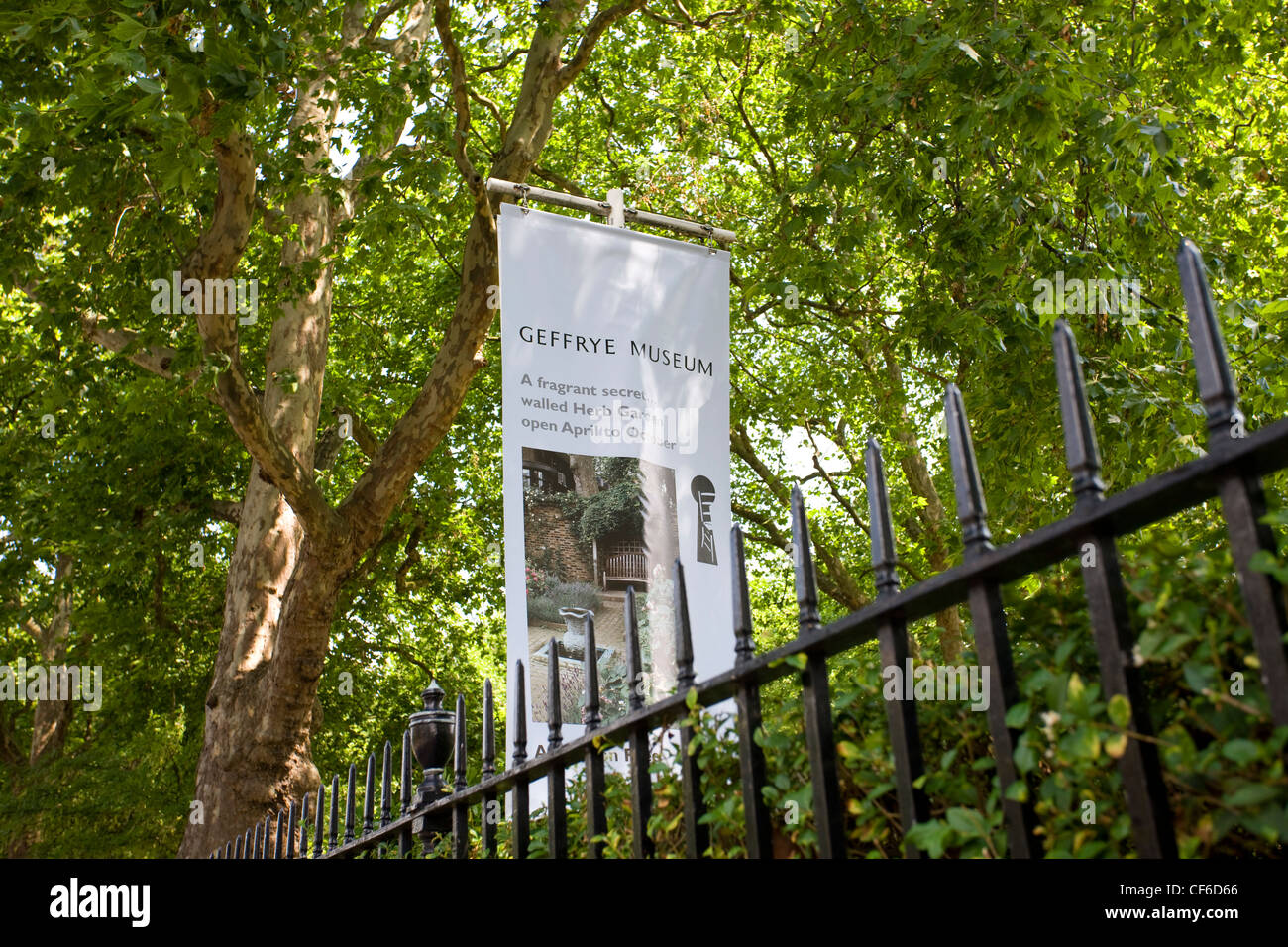 A banner for the Geffrye Museum advertising its fragrant secret walled Herb Garden. Stock Photo