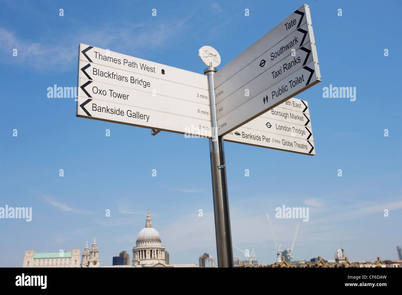 A directional sign on the South Bank of the River Thames. Stock Photo