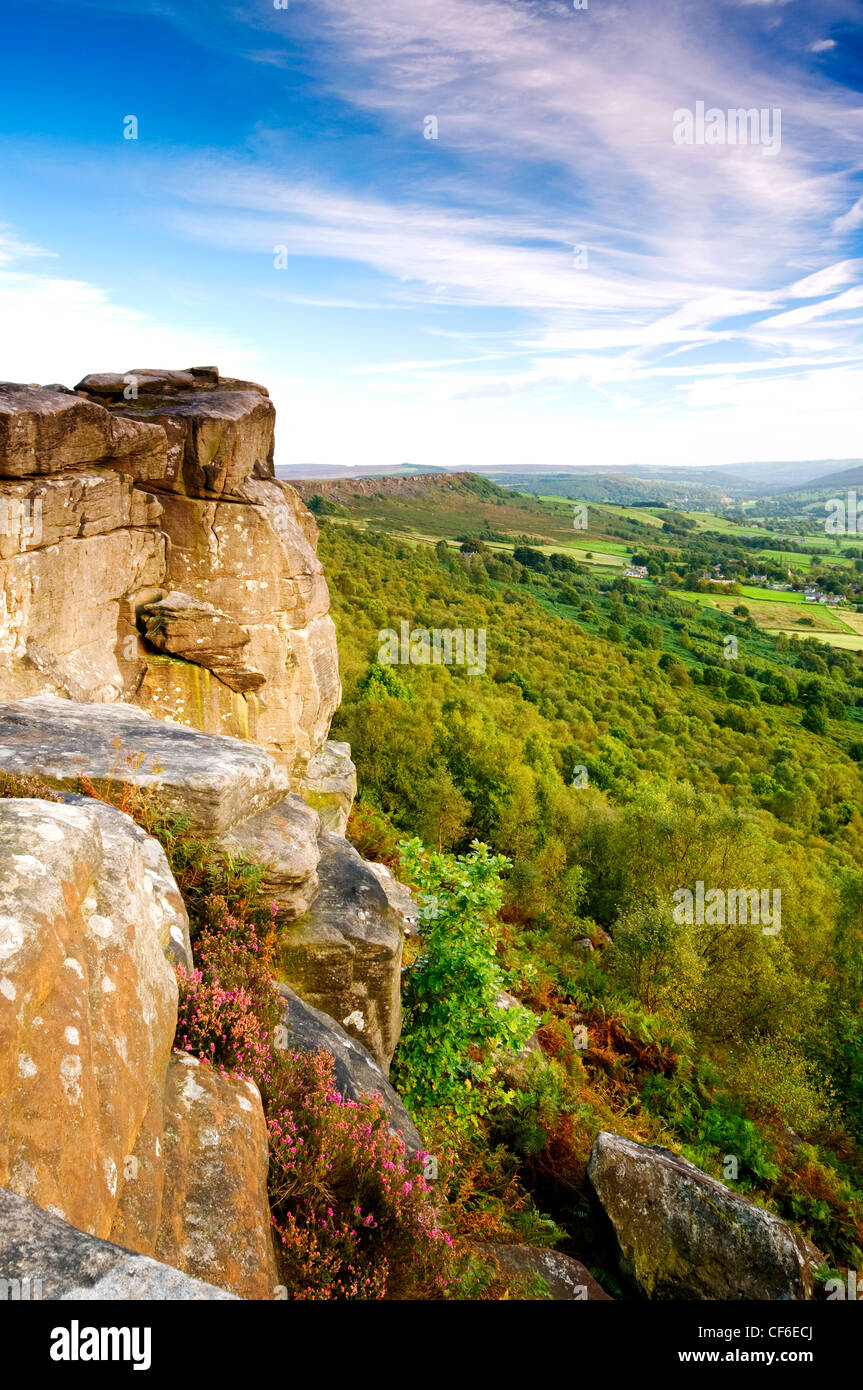 View from Curbar Edge, a gritstone escarpment in the Dark Peak area of the Peak District National Park. Stock Photo