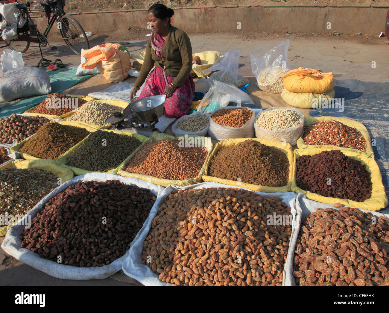 India, Delhi, Old Delhi, street market, dried fruit vendor, Stock Photo