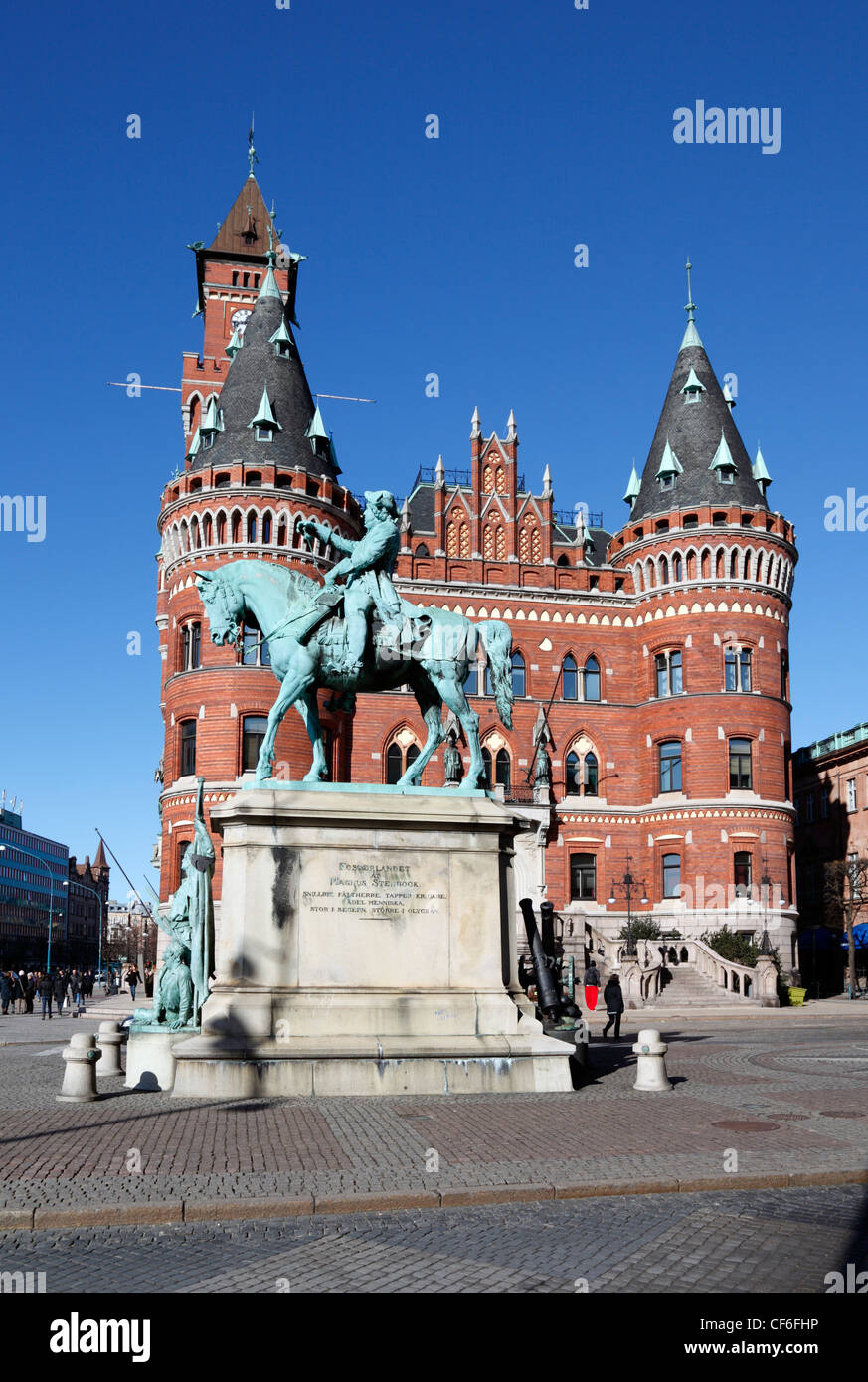 The equestrian statue of Magnus Gustafsson Stenbock at Stortorget in front of the neo-Gothic City Hall in Helsingborg, Sweden Stock Photo