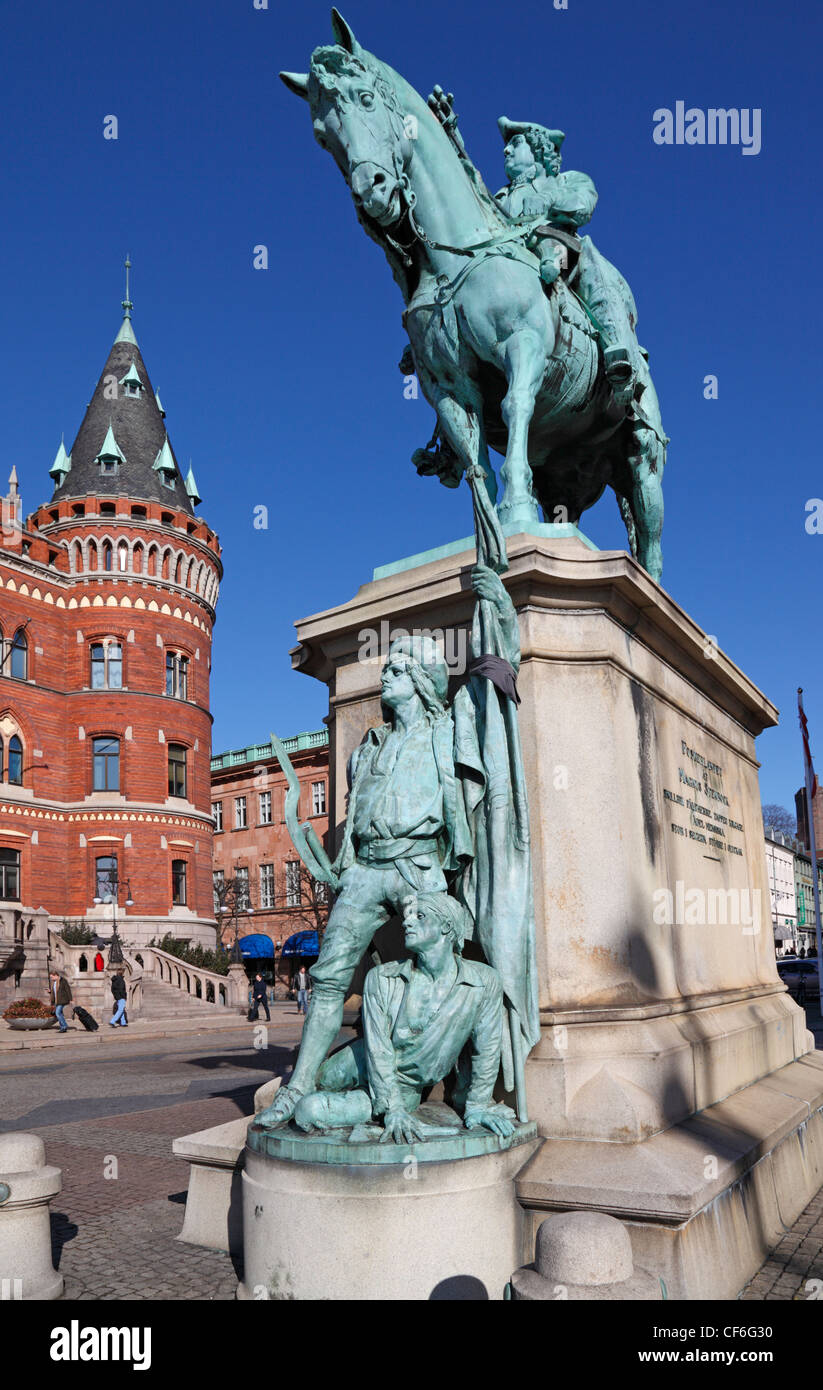 The equestrian statue of Magnus Gustafsson Stenbock at Stortorget in front of the neo-Gothic City Hall in Helsingborg, Sweden. Stock Photo