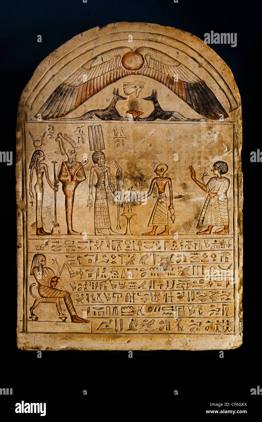 Stele Meretitef musician of Tefnut libation poured in honour of gods Thinis Anhur Osiris and Isis 4 cent BC Egypt Stock Photo