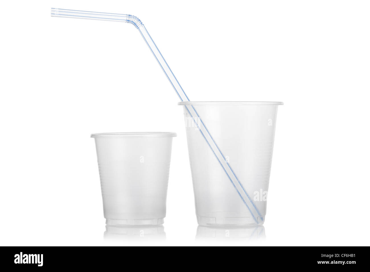 Two empty disposable plastic glass and straw isolated on white background Stock Photo