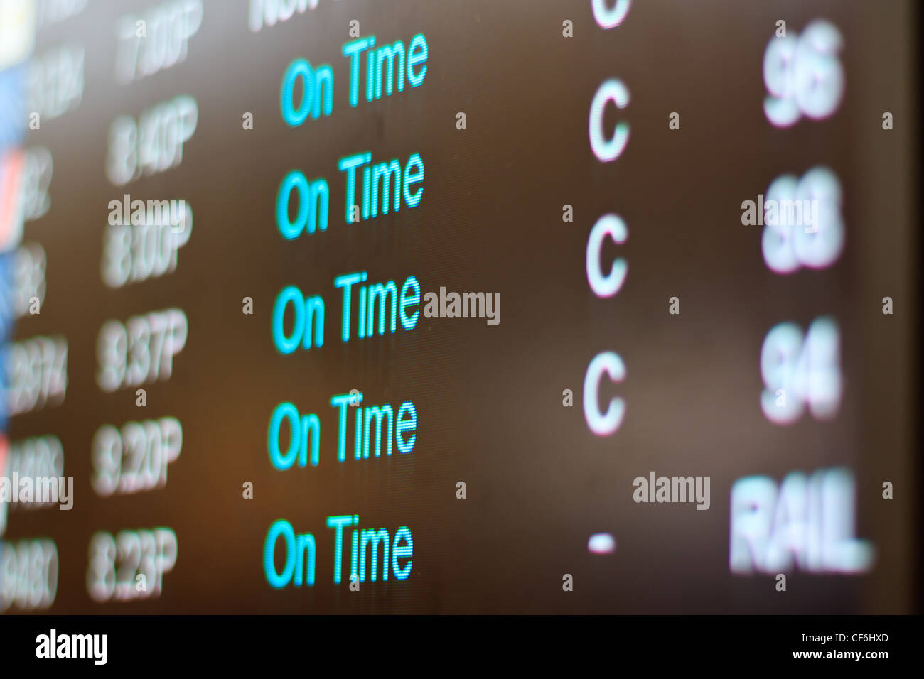 airport terminal monitor, showing flights that are on time or canceled. Stock Photo