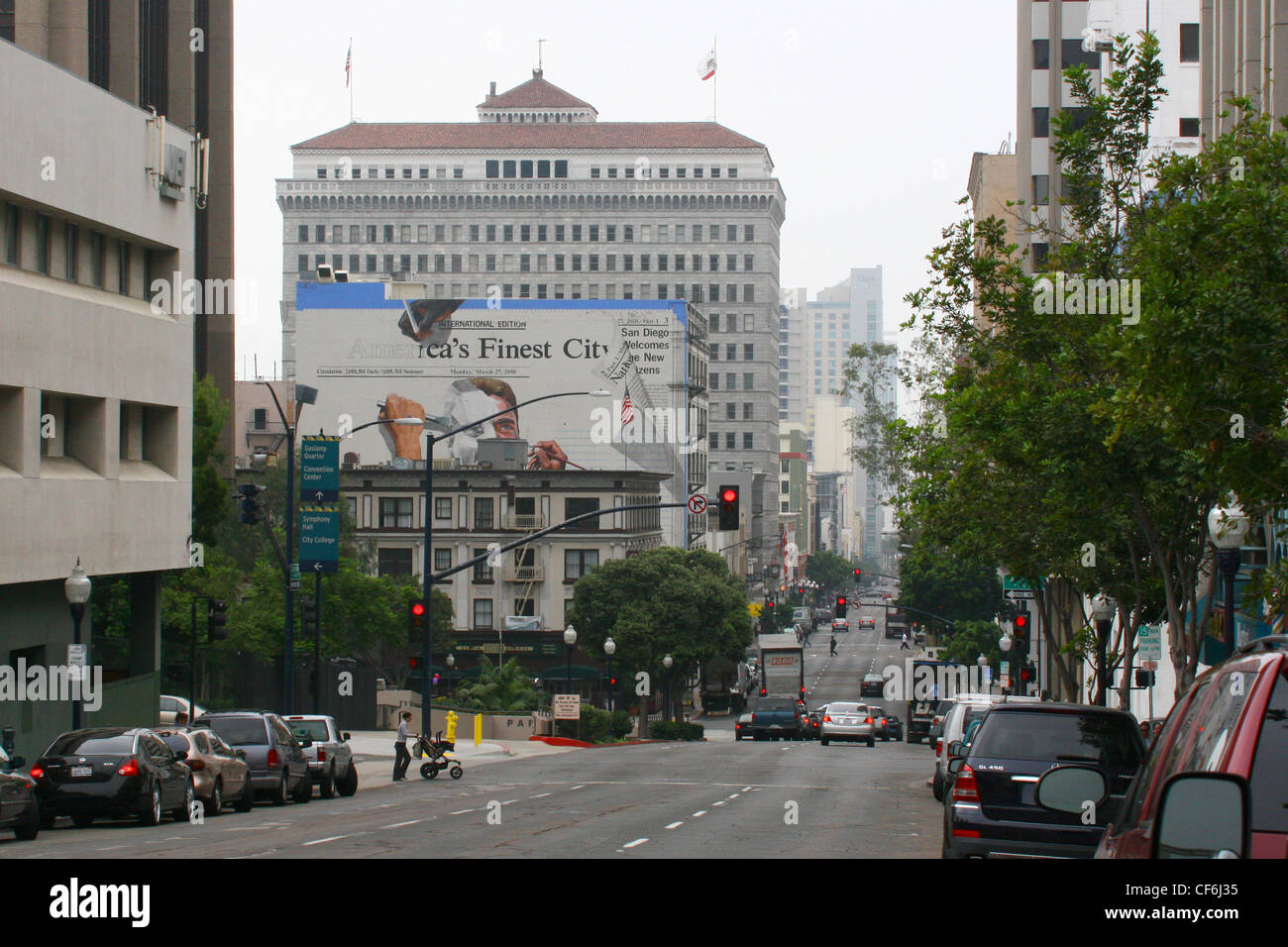 Images of San Diego, California.  Busy street, America's finest city mural on an office bui Stock Photo