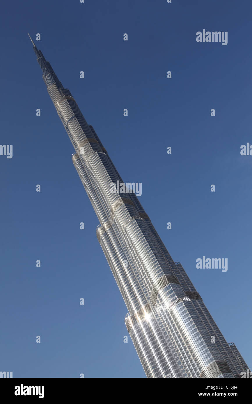 DUBAI - APRIL 17: top of Burj Dubai skyscraper, diagonal composition, sunny day with blue sky, 17 april 2010 in Dubai, UAE Stock Photo