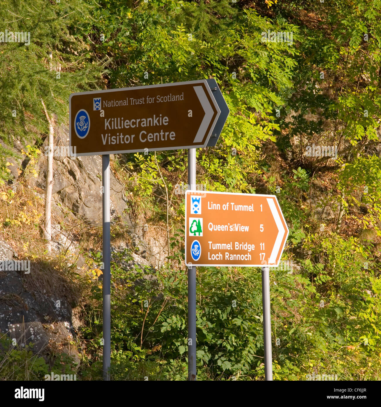 Pitlochry, Perth and Kinross, Scotland. Road signs in the Pass of Killiecrankie giving directions to places of interest. Stock Photo