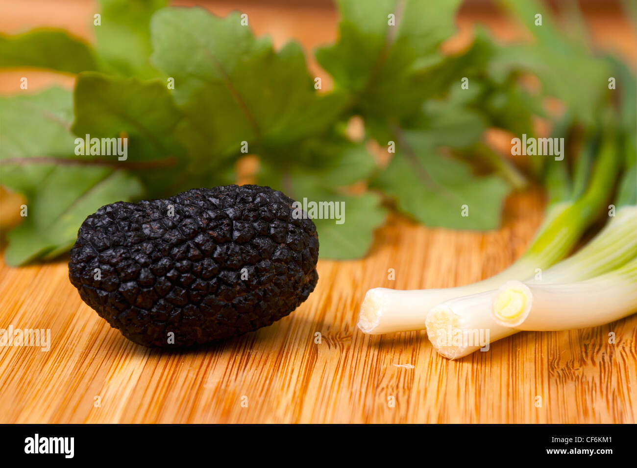 Black truffle with stone leek and rukola on wooden background Stock Photo