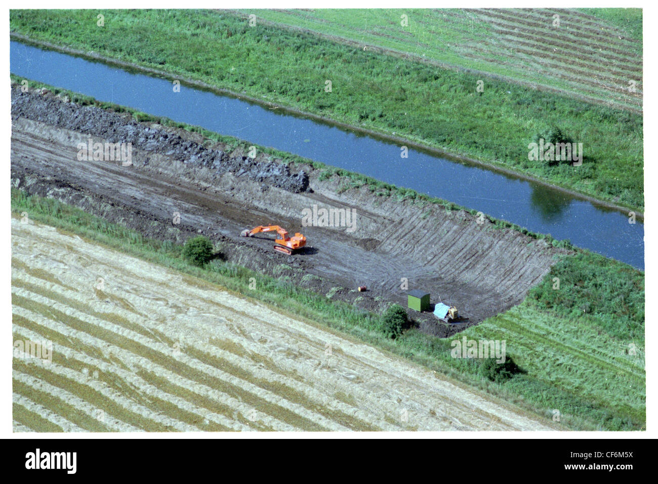 Oblique aerial photograph of the flood improvement scheme to the River Hull in east Yorkshire, showing bank resectioning work Stock Photo