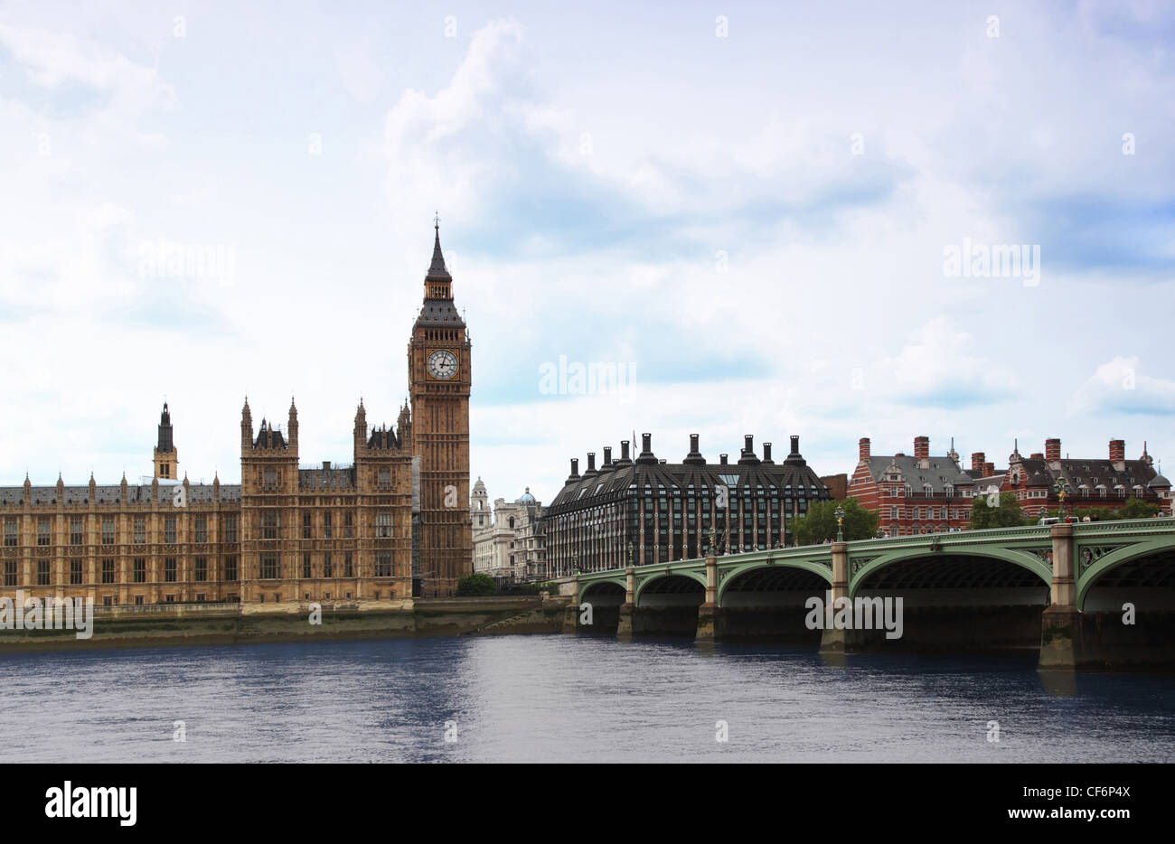 Westminster Bridge with Big Ben clock tower in London. Big Ben is one of London's best-known landmarks. Stock Photo