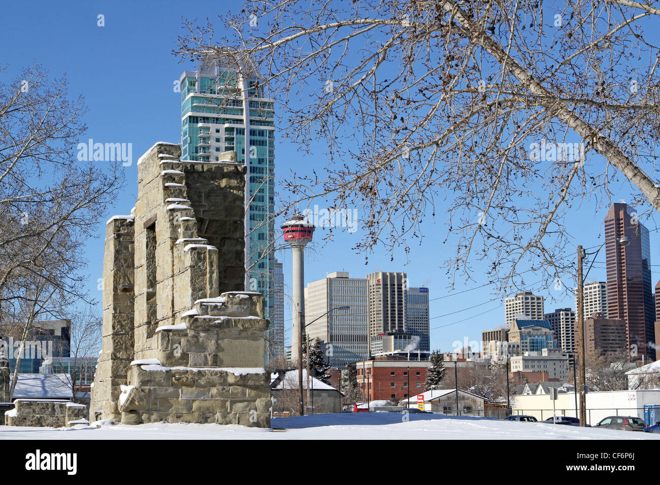 Remnants of the early General Hospital in Downtown Calgary,Alberta, with veiw of the city in the background. Stock Photo